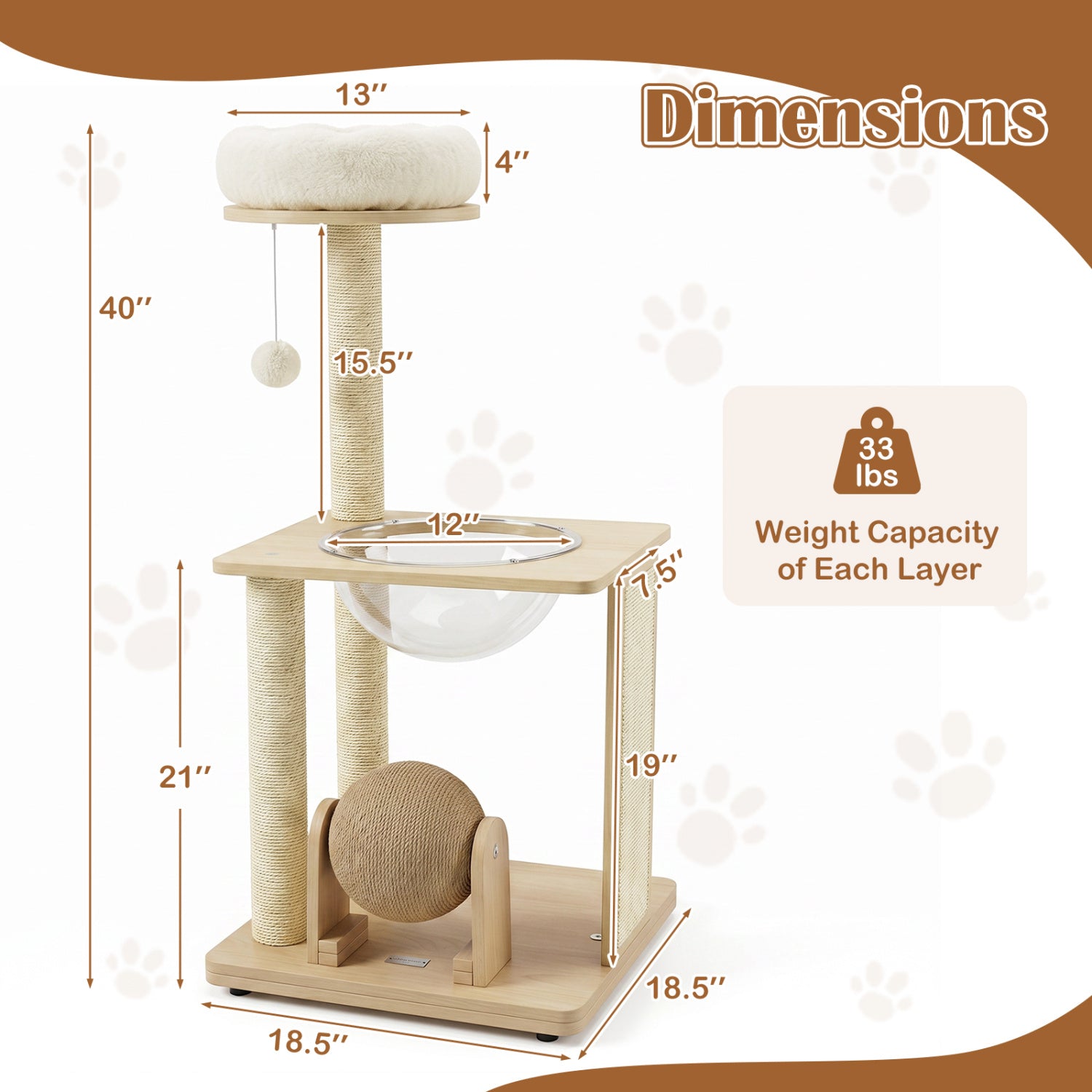 40" Solid Wood Cat Tree with Space Capsule & Sisal Posts and Scratching Board - view 5