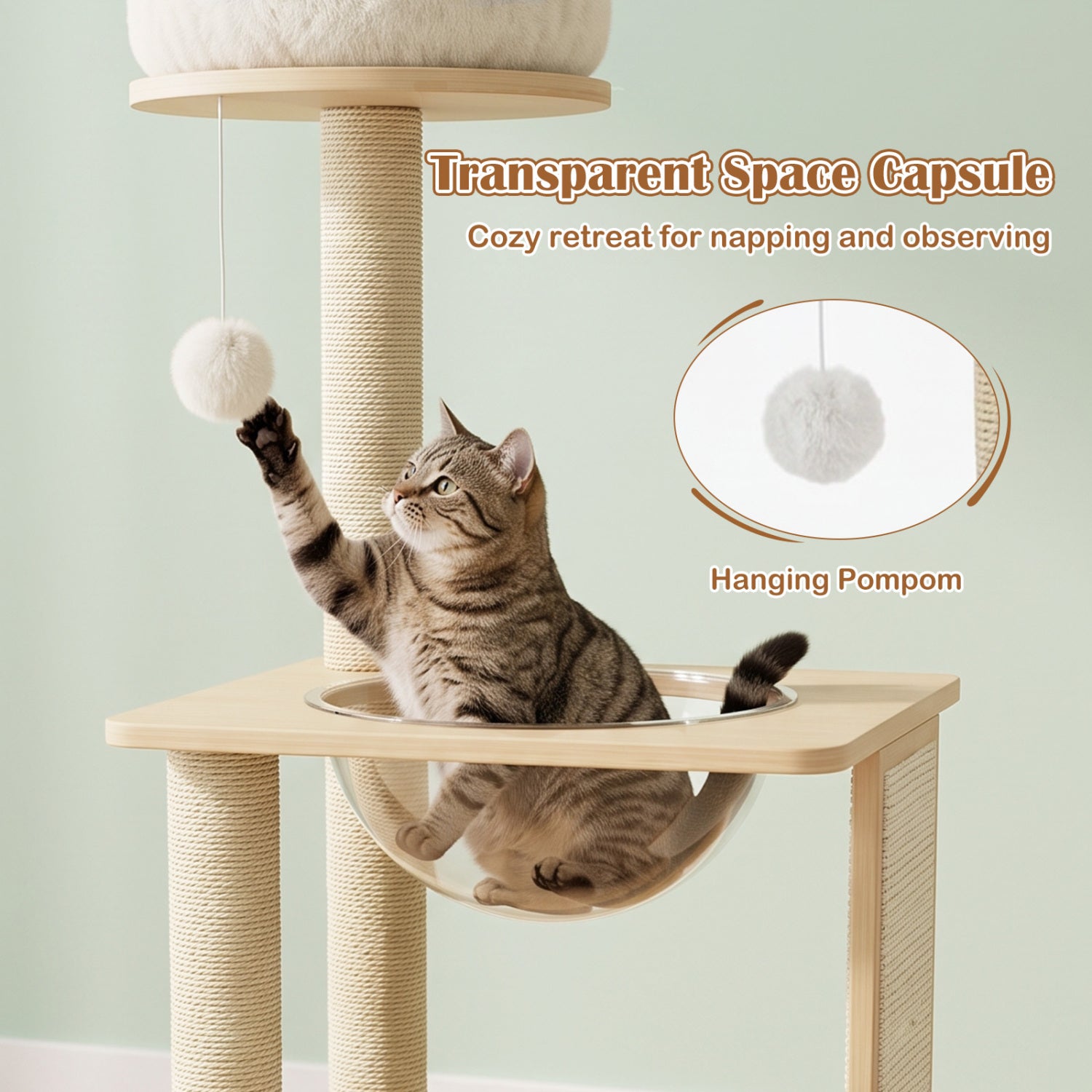 40" Solid Wood Cat Tree with Space Capsule & Sisal Posts and Scratching Board - view 7