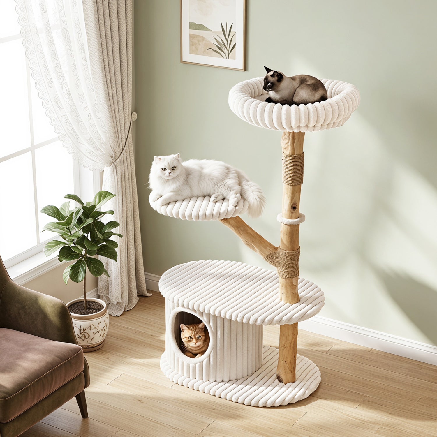 41 Inch Tall Modern Cat Tower with Real Wood Branches Scratching Posts - view 3
