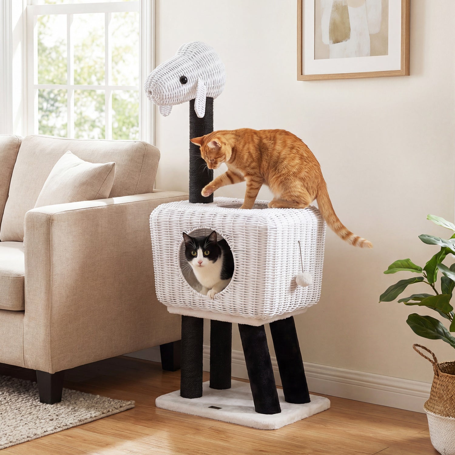 43-Inch Lamb-Shaped Cat Tower with 2-Door Rattan Condo for Indoor Kittens Cat - view 2