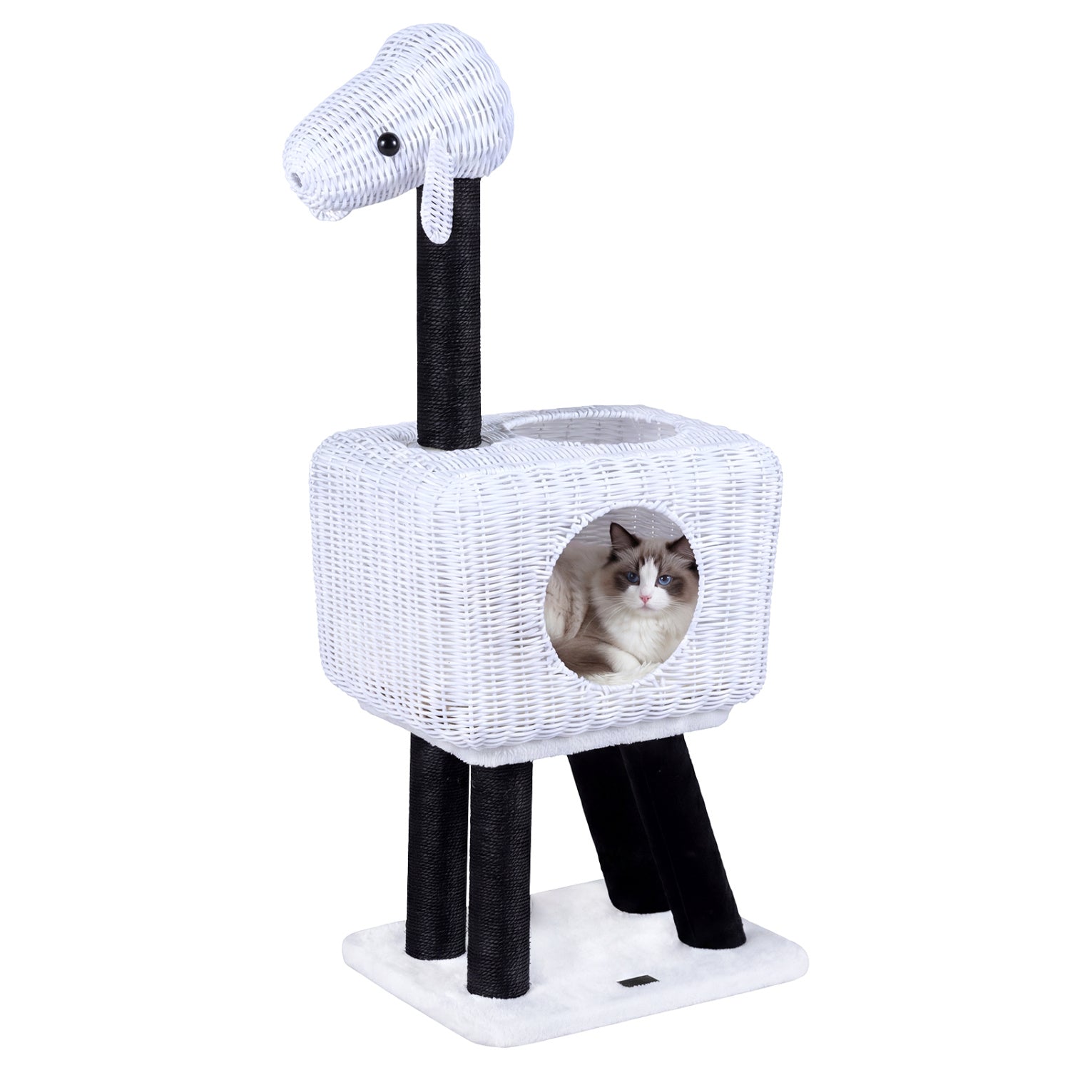 43-Inch Lamb-Shaped Cat Tower with 2-Door Rattan Condo for Indoor Kittens Cat