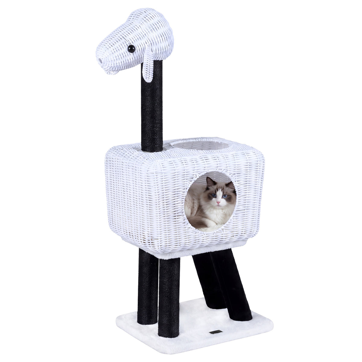 43-Inch Lamb-Shaped Cat Tower with 2-Door Rattan Condo for Indoor Kittens Cat