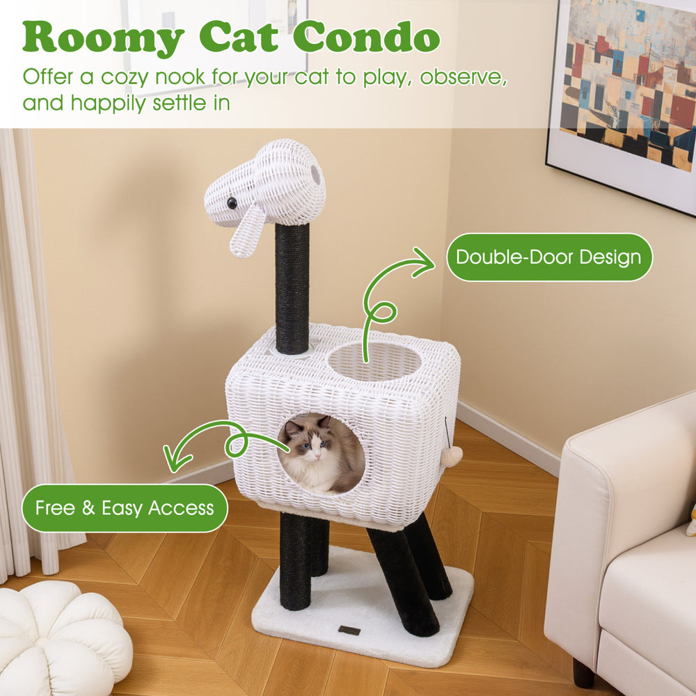 43-Inch Lamb-Shaped Cat Tower with 2-Door Rattan Condo for Indoor Kittens Cat - view 5