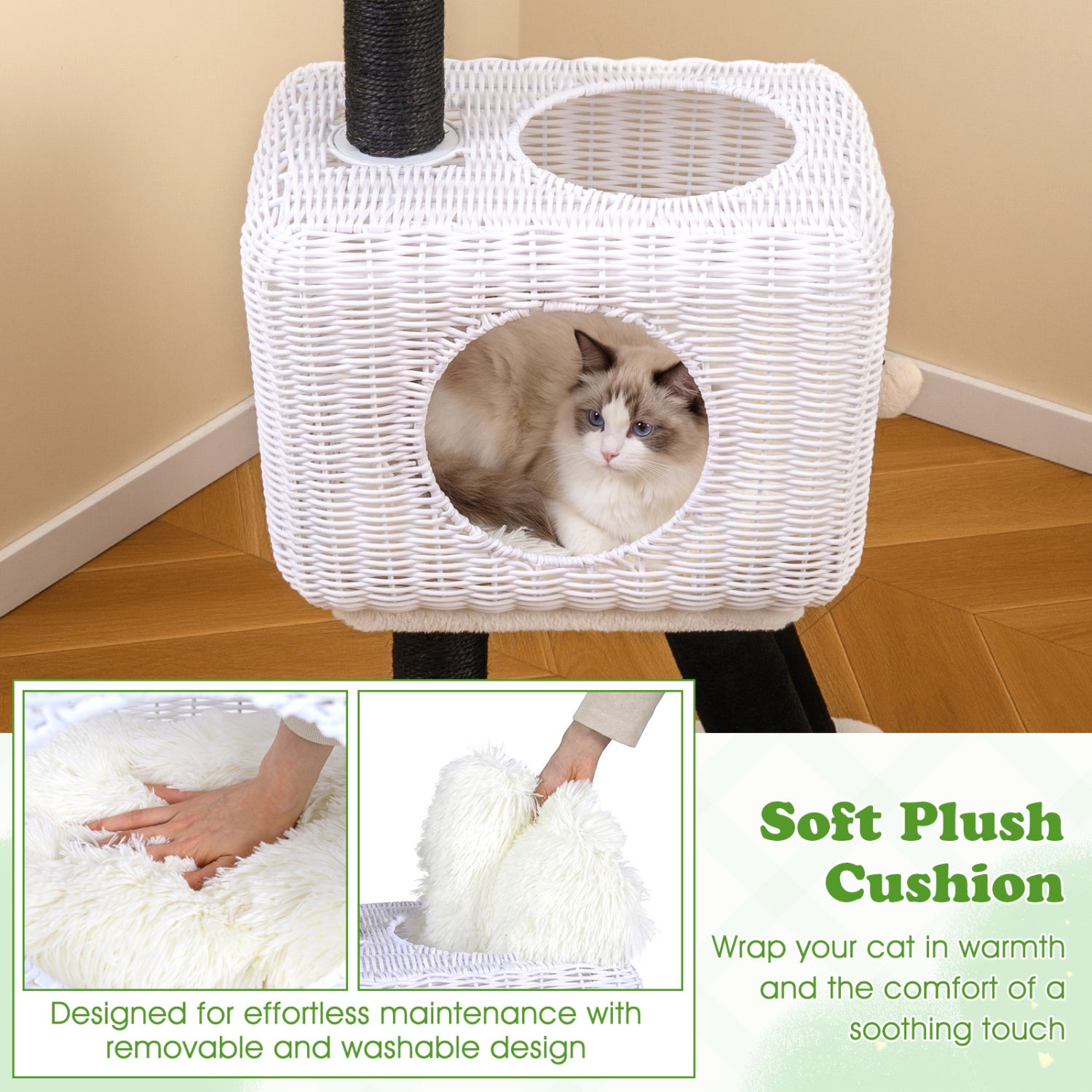 43-Inch Lamb-Shaped Cat Tower with 2-Door Rattan Condo for Indoor Kittens Cat - view 6