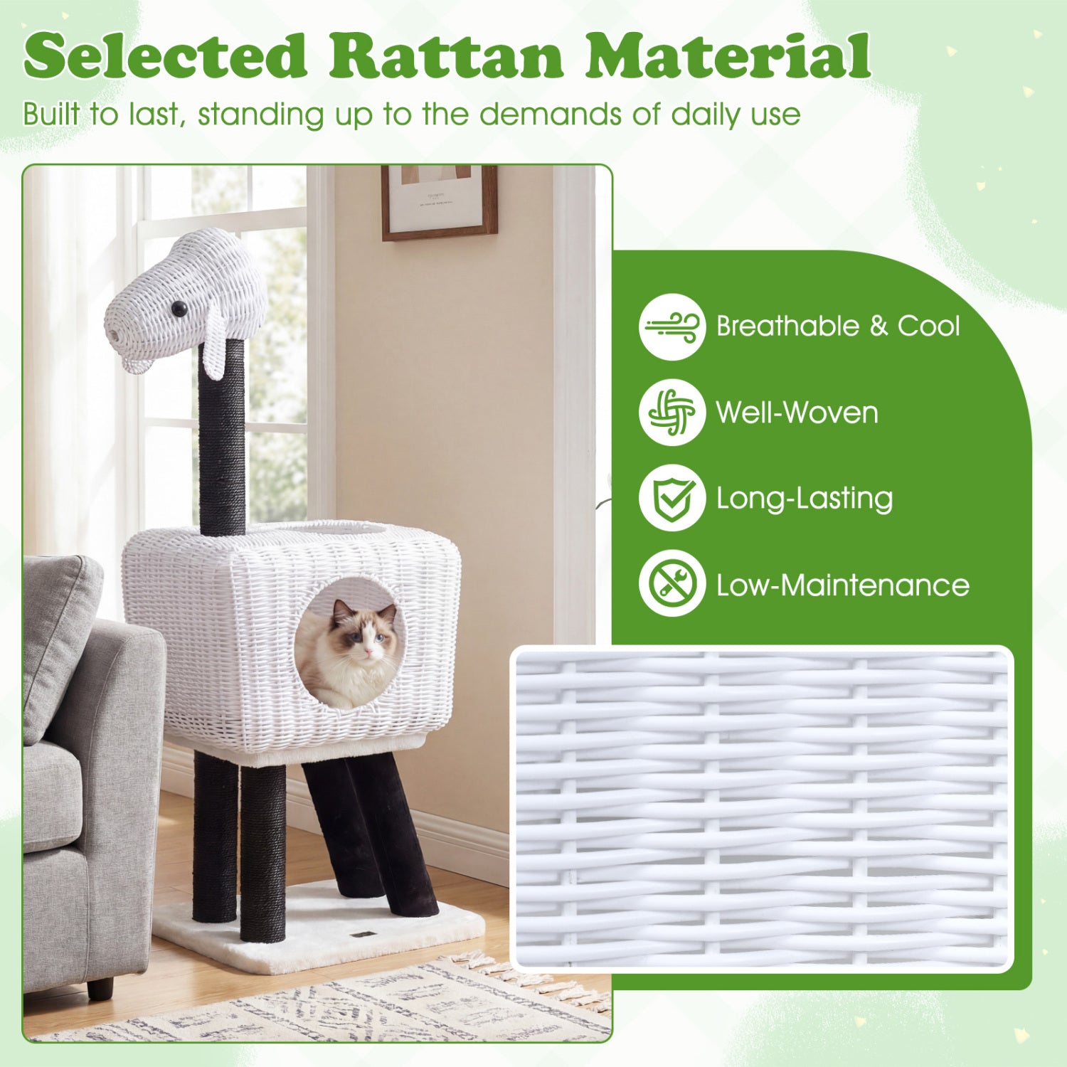 43-Inch Lamb-Shaped Cat Tower with 2-Door Rattan Condo for Indoor Kittens Cat - view 7