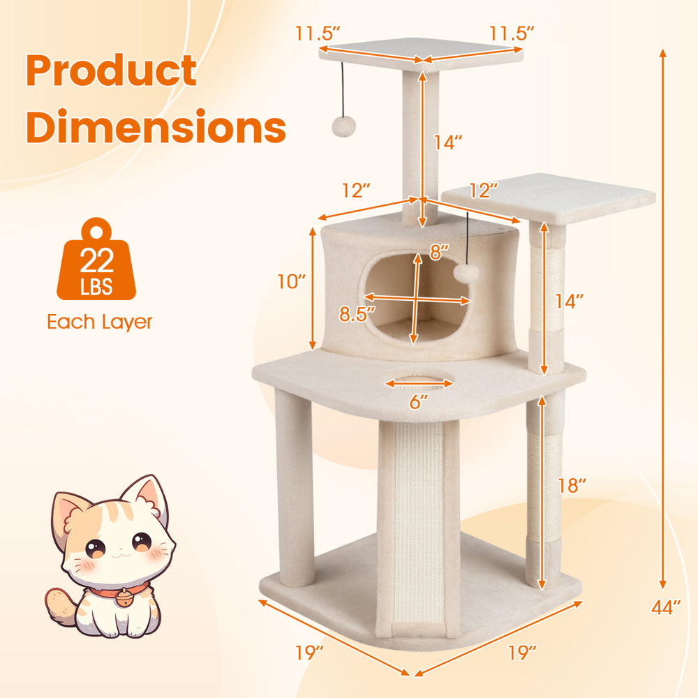 44 Inch Tall Kitten Tower with Condo and 2 Plush Perches Cat Tree - view 5