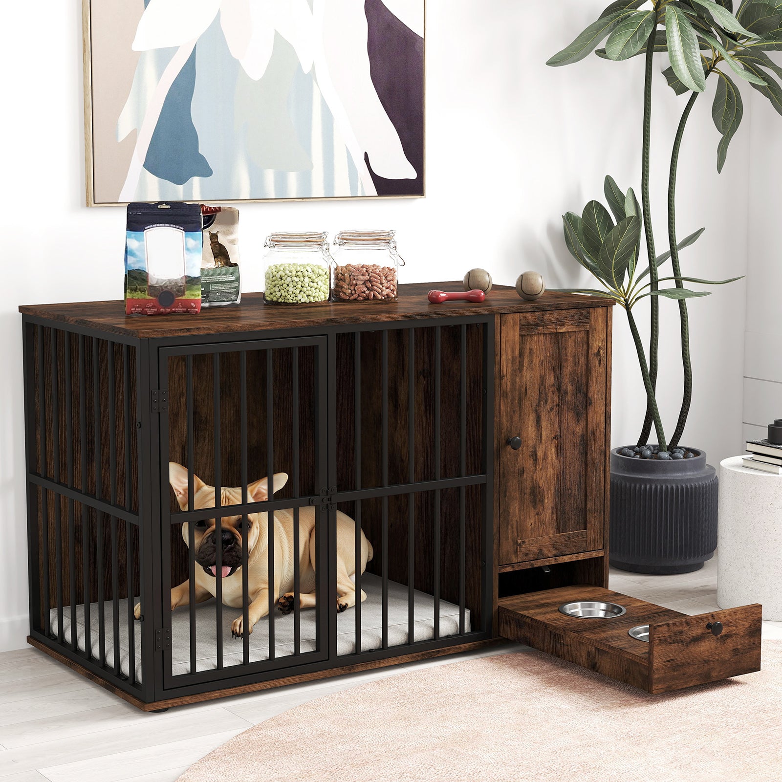47.5 inch Dog Crate Furniture with Hidden Pull-out Bowls in Drawer for Small - view 2