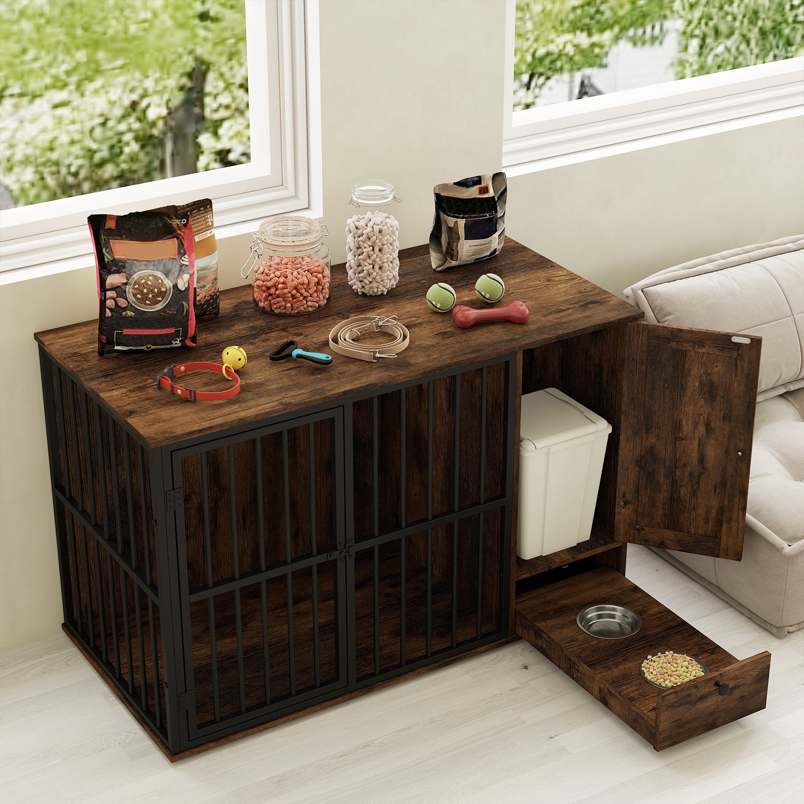 47.5 inch Dog Crate Furniture with Hidden Pull-out Bowls in Drawer for Small - view 3