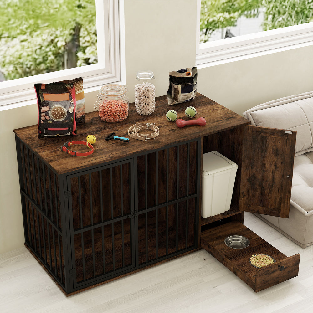 47.5 inch Dog Crate Furniture with Hidden Pull-out Bowls in Drawer for Small - view 3