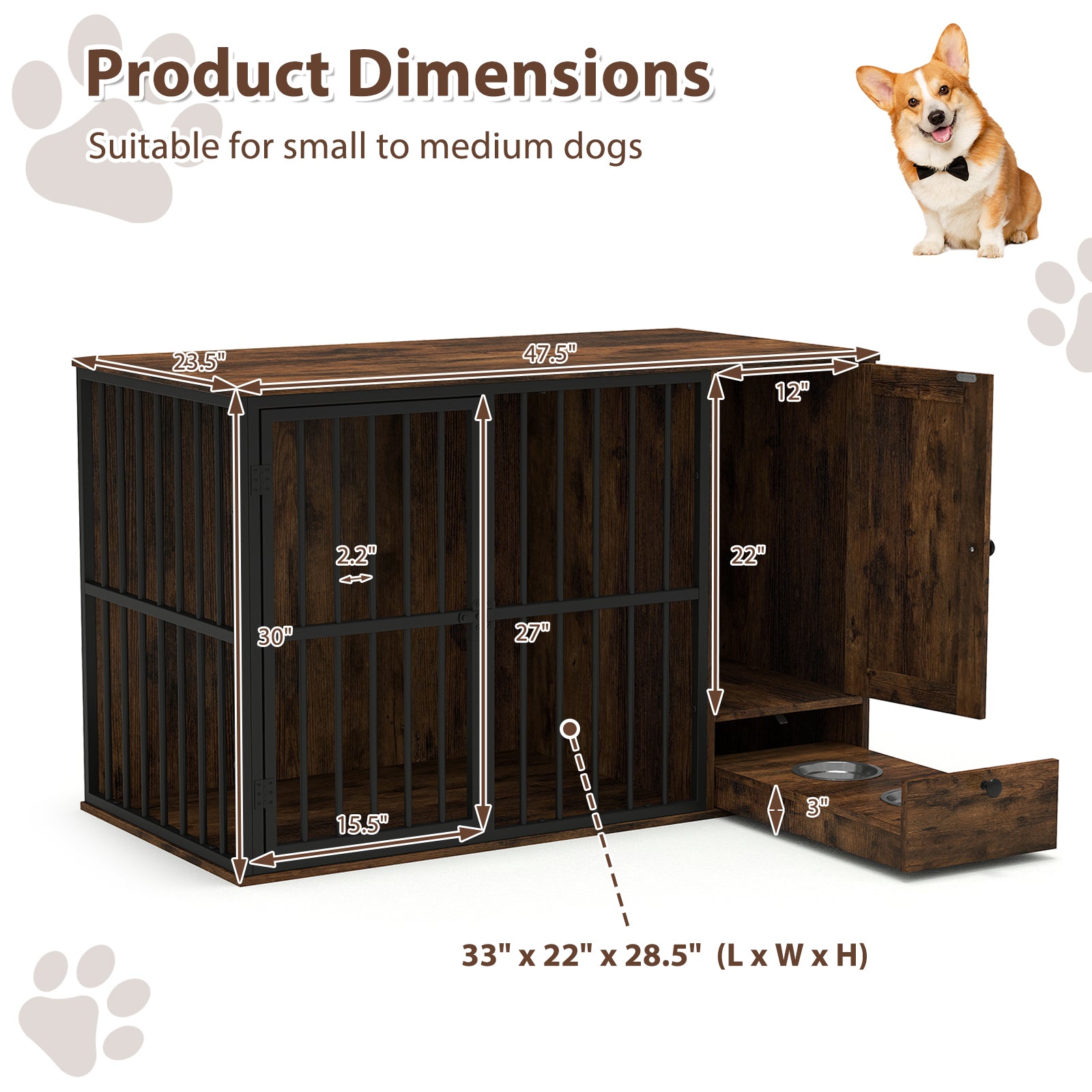 47.5 inch Dog Crate Furniture with Hidden Pull-out Bowls in Drawer for Small - view 5