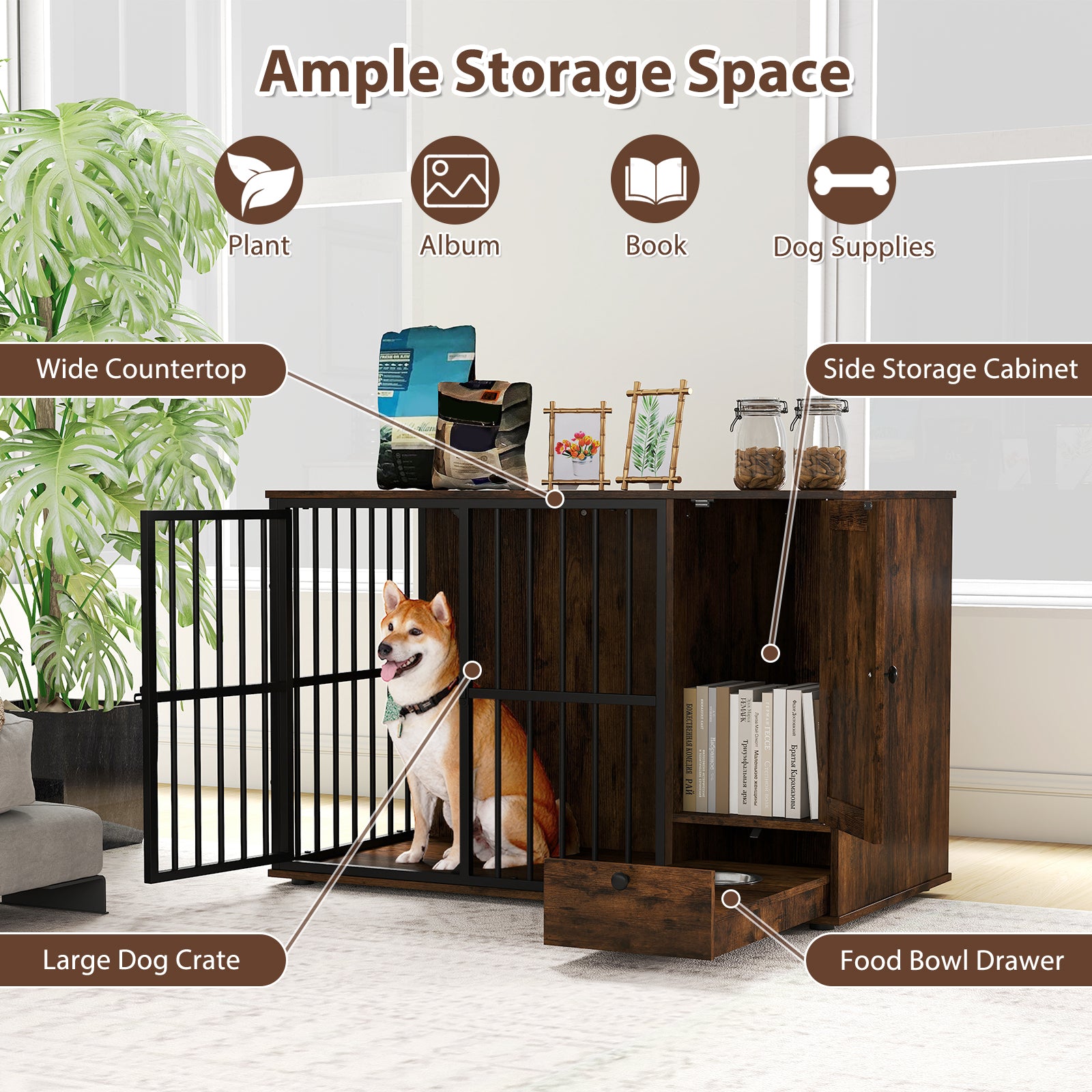 47.5 inch Dog Crate Furniture with Hidden Pull-out Bowls in Drawer for Small - view 6