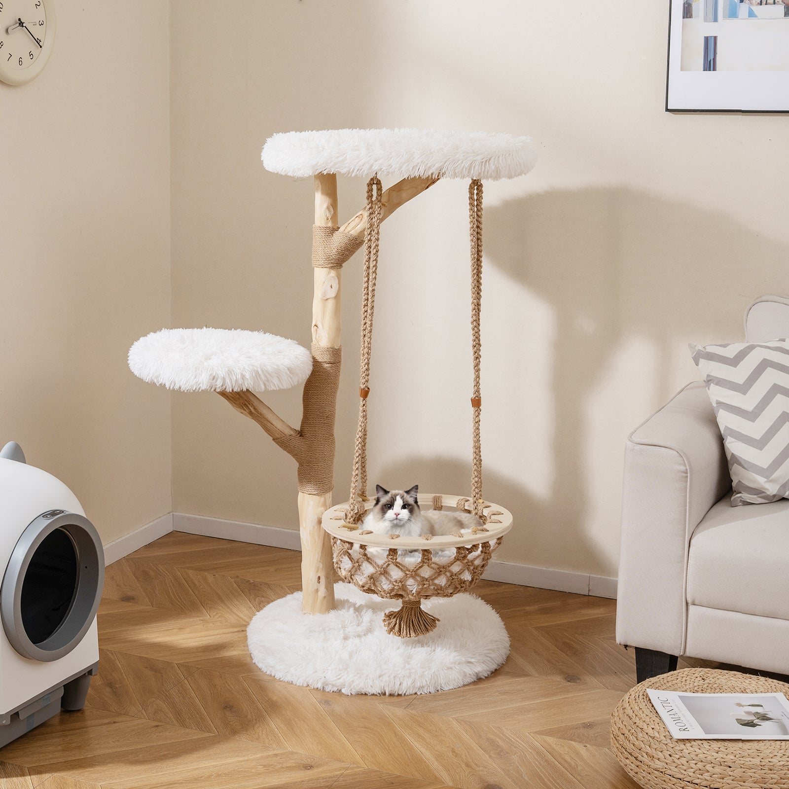 48.5 Inch Solid Wood Cat Tree with Hanging Cradle and Jute Scratching Post - view 2