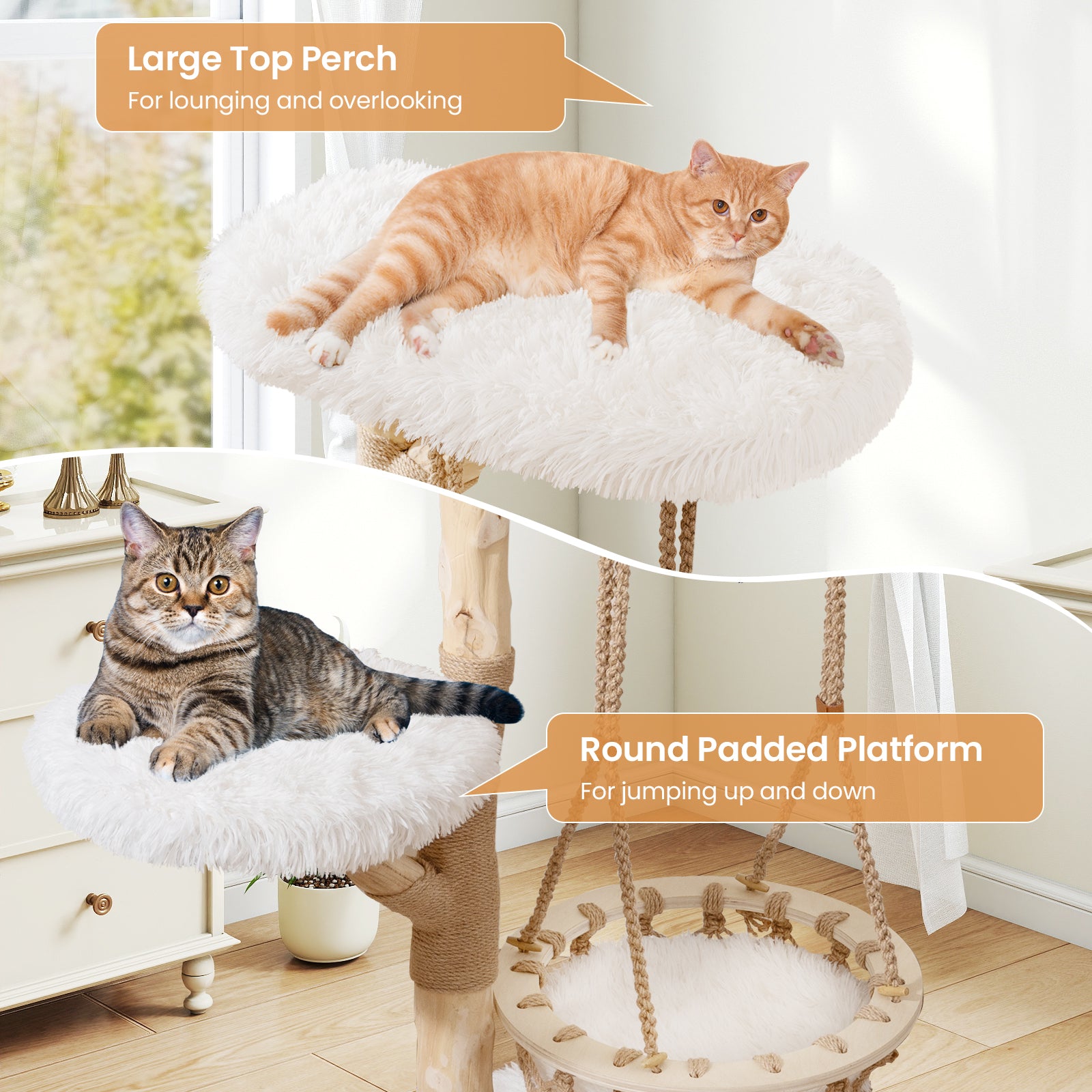 48.5 Inch Solid Wood Cat Tree with Hanging Cradle and Jute Scratching Post - view 8