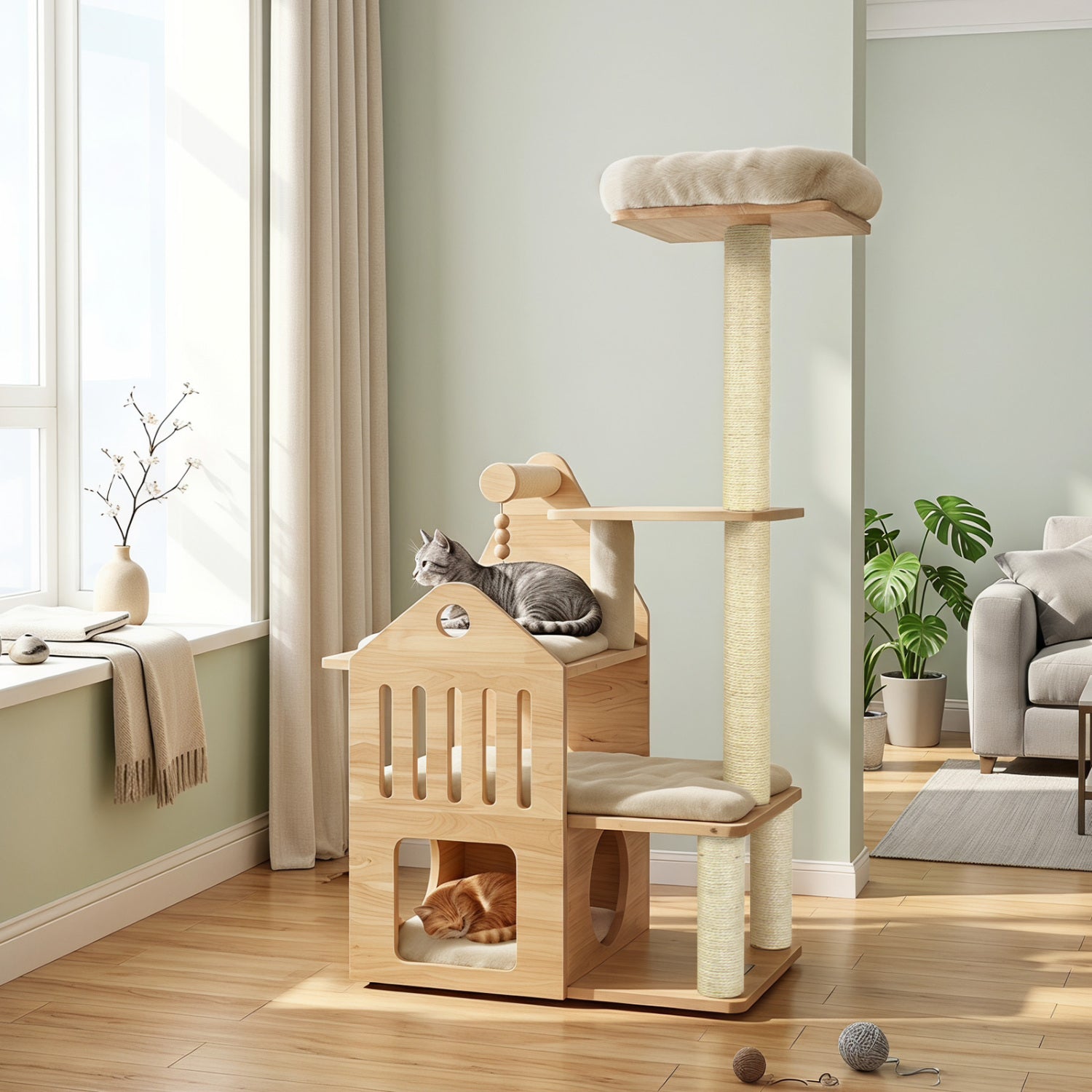 48.5" Multi-Level Solid Wood Cat Tree for Indoor Cats with Padded Top Perch Cat - view 3
