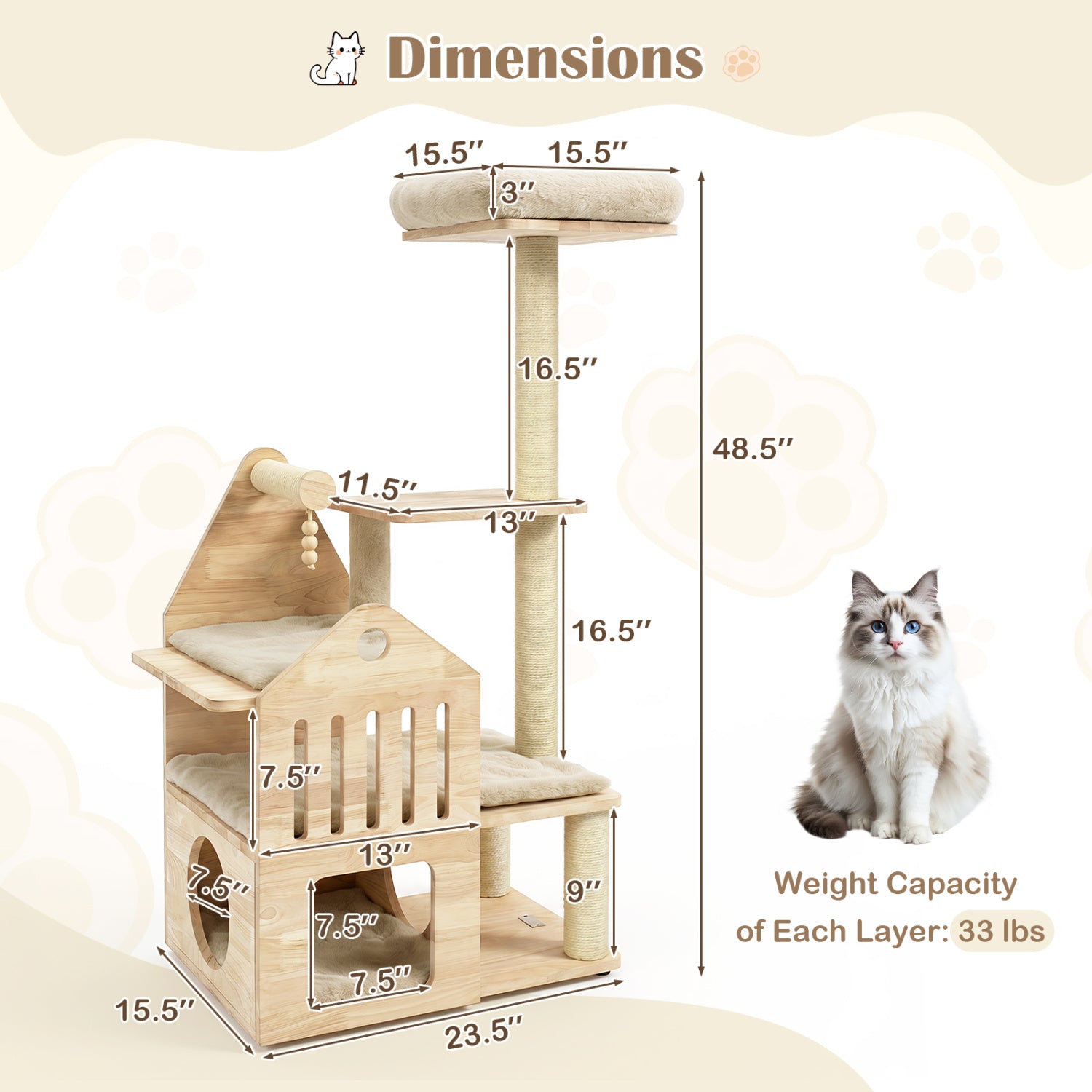 48.5" Multi-Level Solid Wood Cat Tree for Indoor Cats with Padded Top Perch Cat - view 5