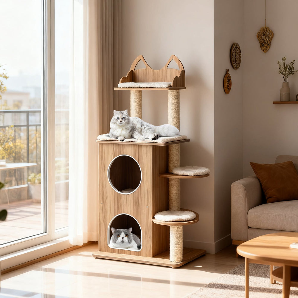 48 Inch Wooden Cat Tree with 2-Floor Condo and Washable Cushions - view 2
