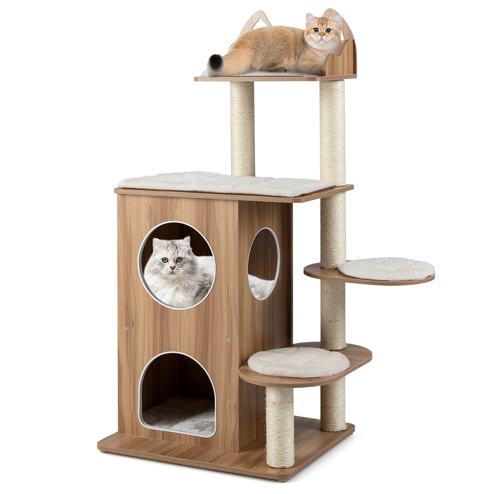 48 Inch Wooden Cat Tree with 2-Floor Condo and Washable Cushions
