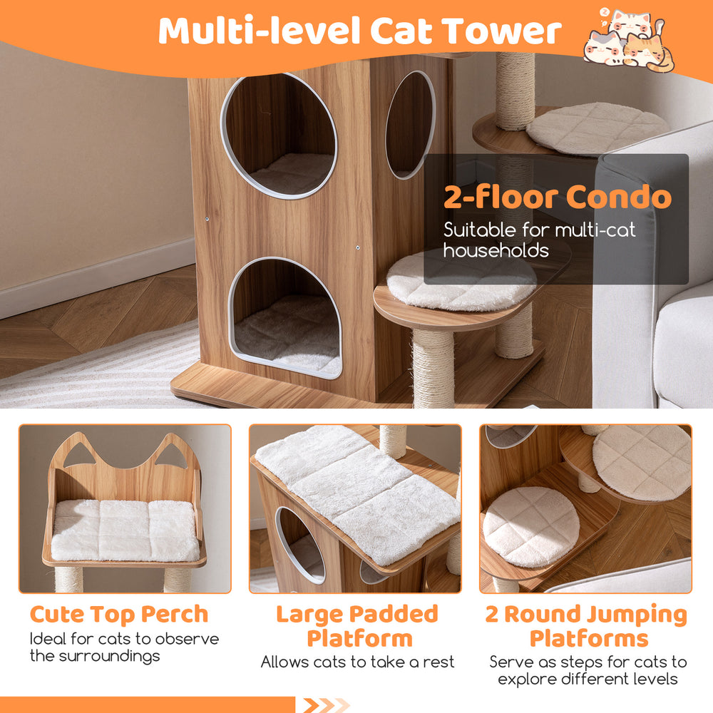 48 Inch Wooden Cat Tree with 2-Floor Condo and Washable Cushions - view 7