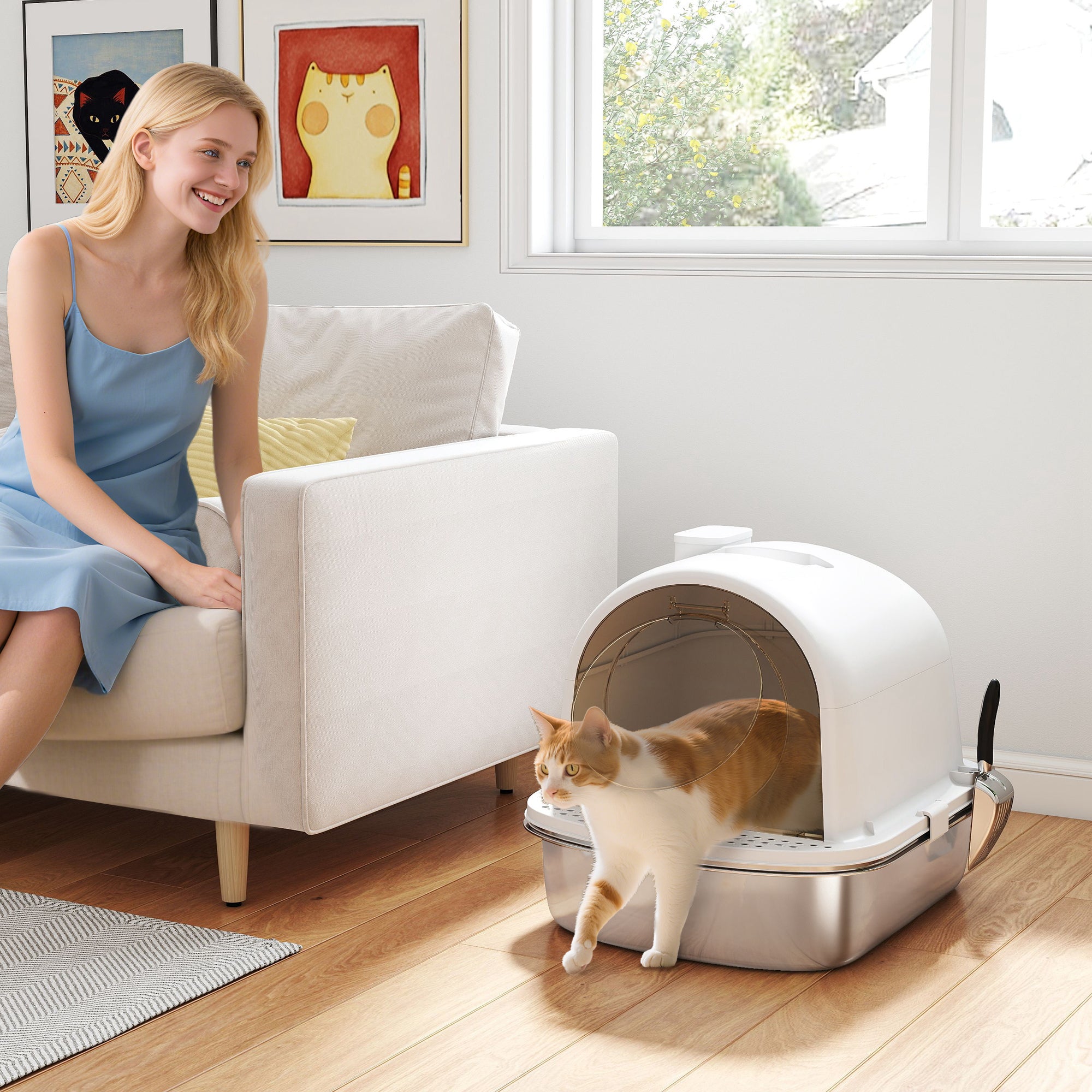 Enclosed Stainless Steel Litter Box, Metal Cat Litter Box with Scoop - view 7