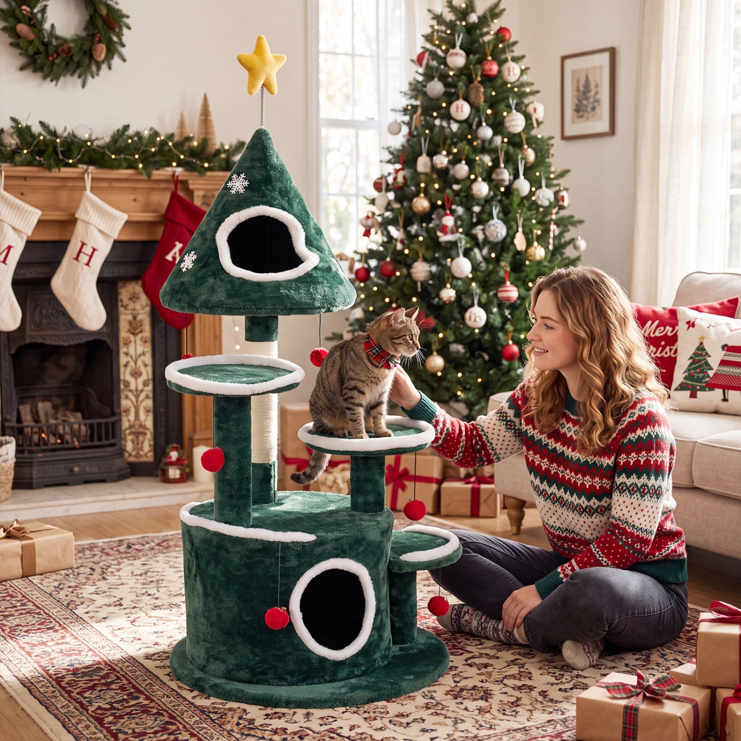 50" Christmas Cat Tree with 2 Condos and Sisal Scratching Post - view 2