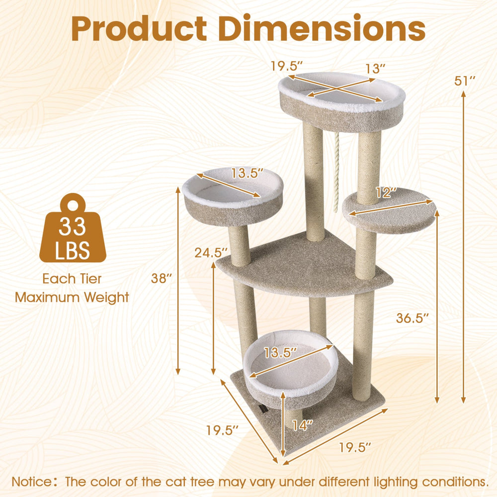 51"Carpeted Cat Tree with Comfy Plush Perches for Indoor Cats - view 5