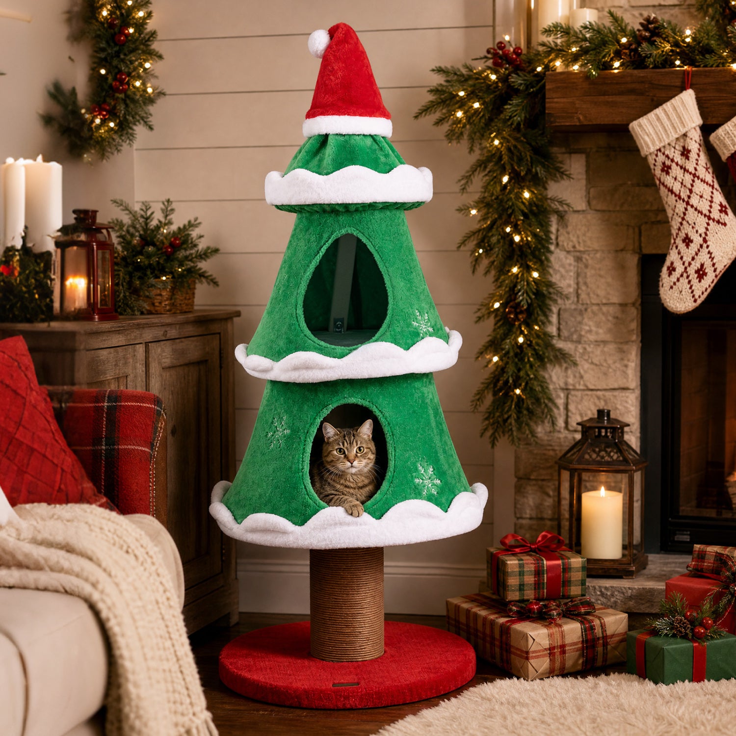 51" Christmas Cat Tree with 2 Cozy Condos and Scratching Post for Pets - view 2