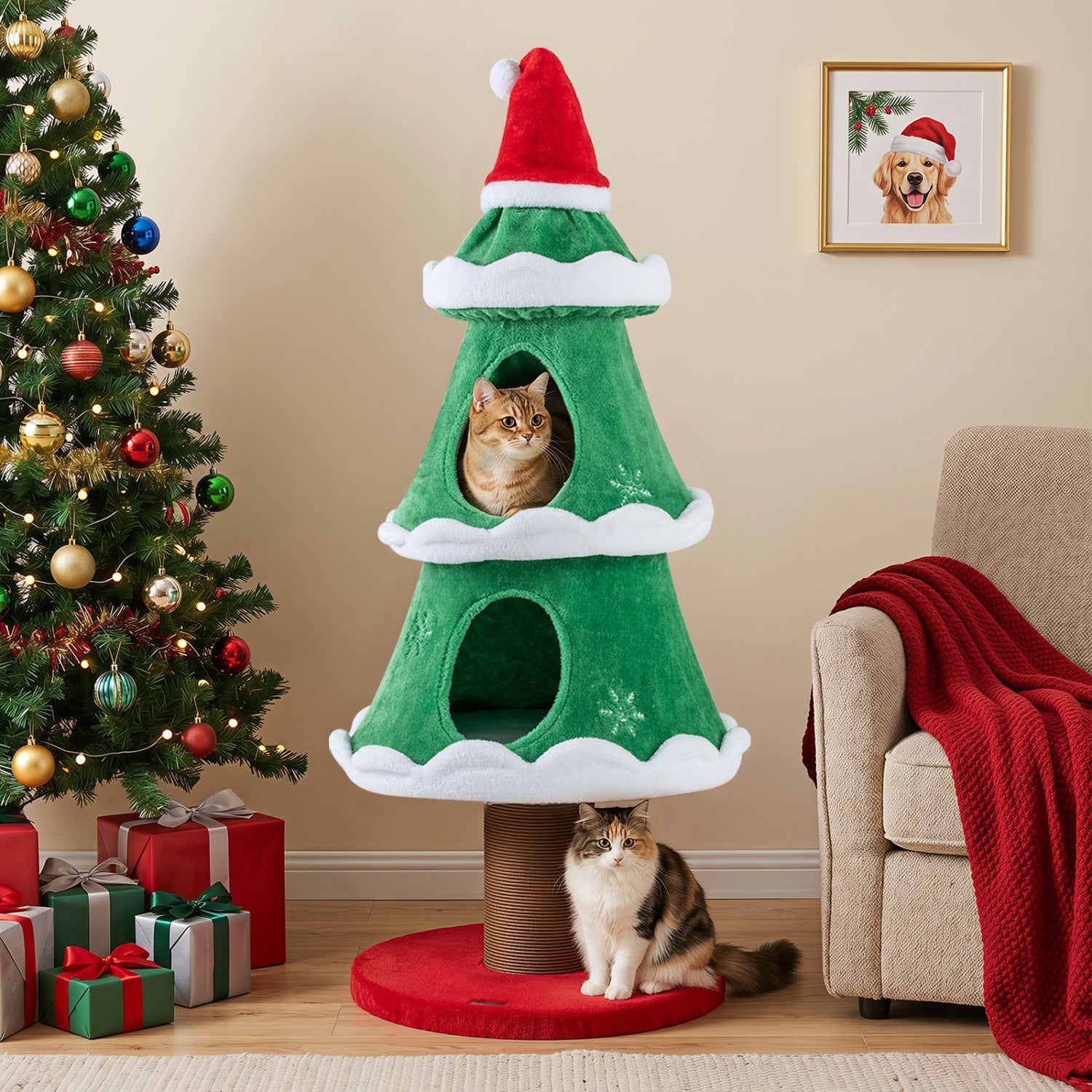 51" Christmas Cat Tree with 2 Cozy Condos and Scratching Post for Pets - view 3
