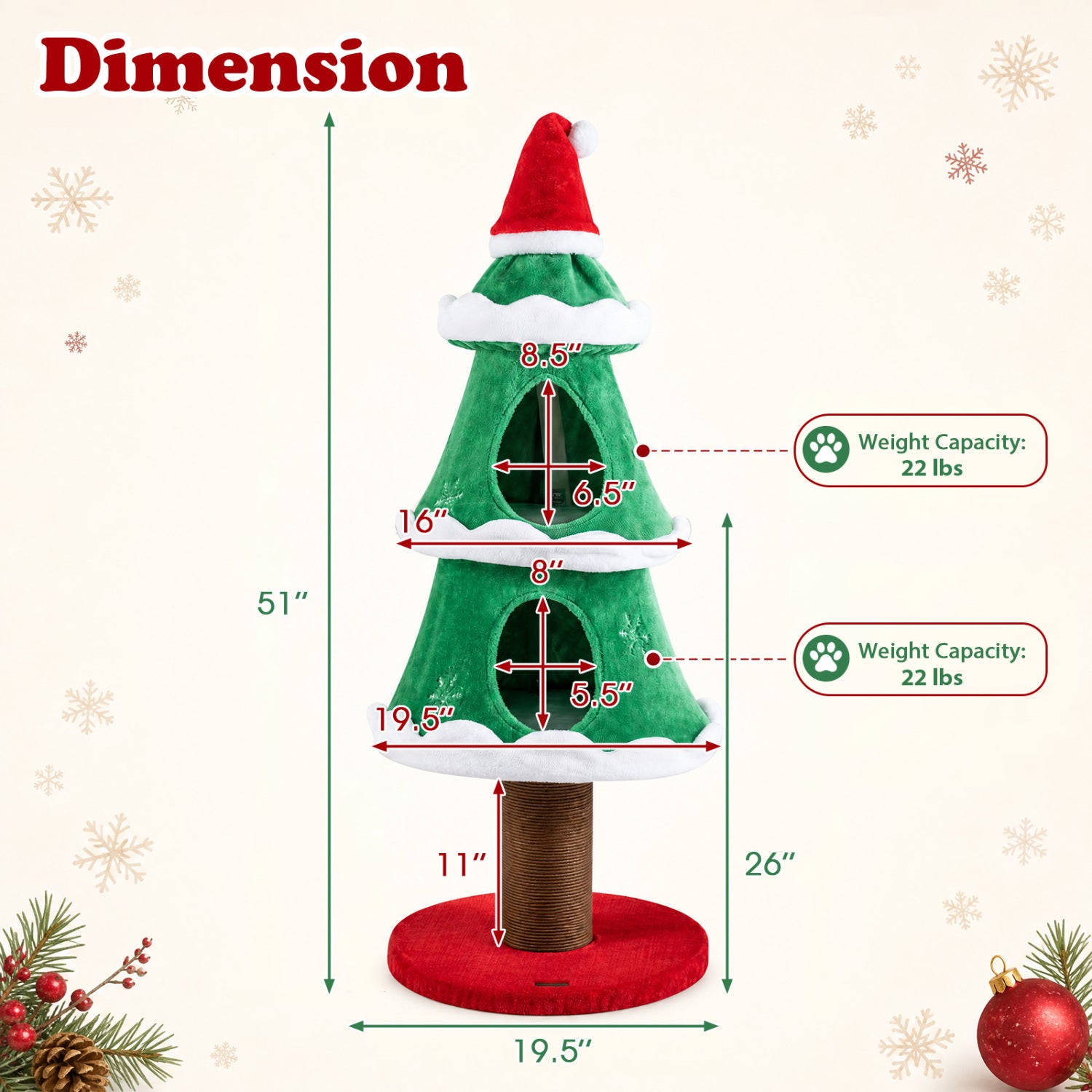 51" Christmas Cat Tree with 2 Cozy Condos and Scratching Post for Pets - view 5