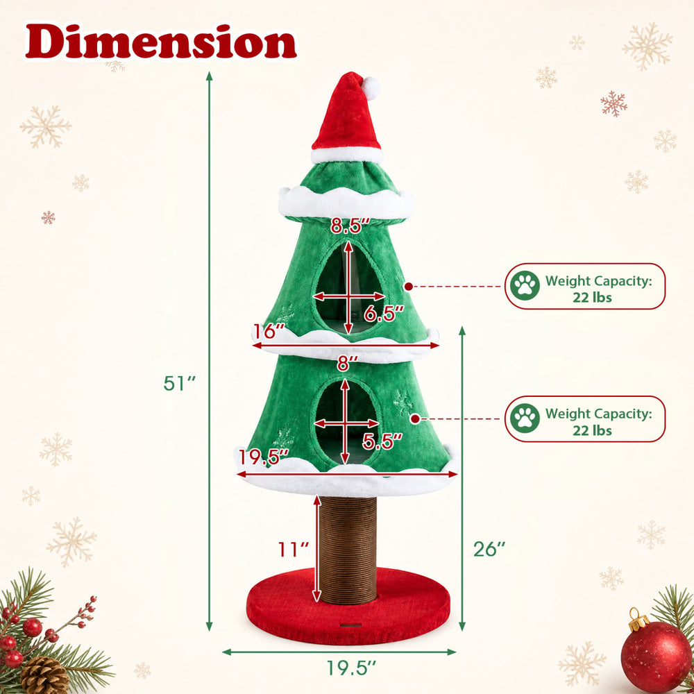 51" Christmas Cat Tree with 2 Cozy Condos and Scratching Post for Pets - view 5
