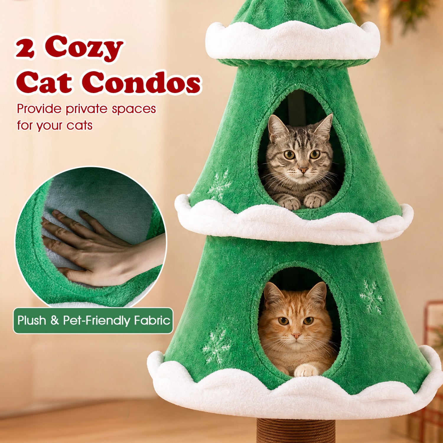51" Christmas Cat Tree with 2 Cozy Condos and Scratching Post for Pets - view 7