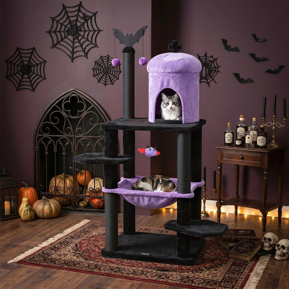 51" Gothic Multi-level Cat Tree with Spider Hanging Toy for Black Halloween - view 2