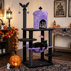 51" Gothic Multi-level Cat Tree with Spider Hanging Toy for Black Halloween - view 3