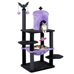 51" Gothic Multi-level Cat Tree with Spider Hanging Toy for Black Halloween