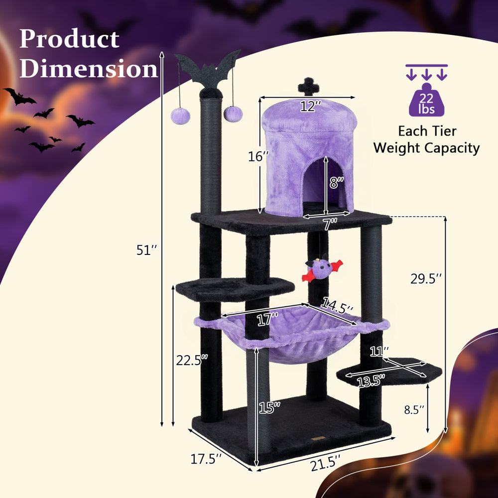 51" Gothic Multi-level Cat Tree with Spider Hanging Toy for Black Halloween - view 5