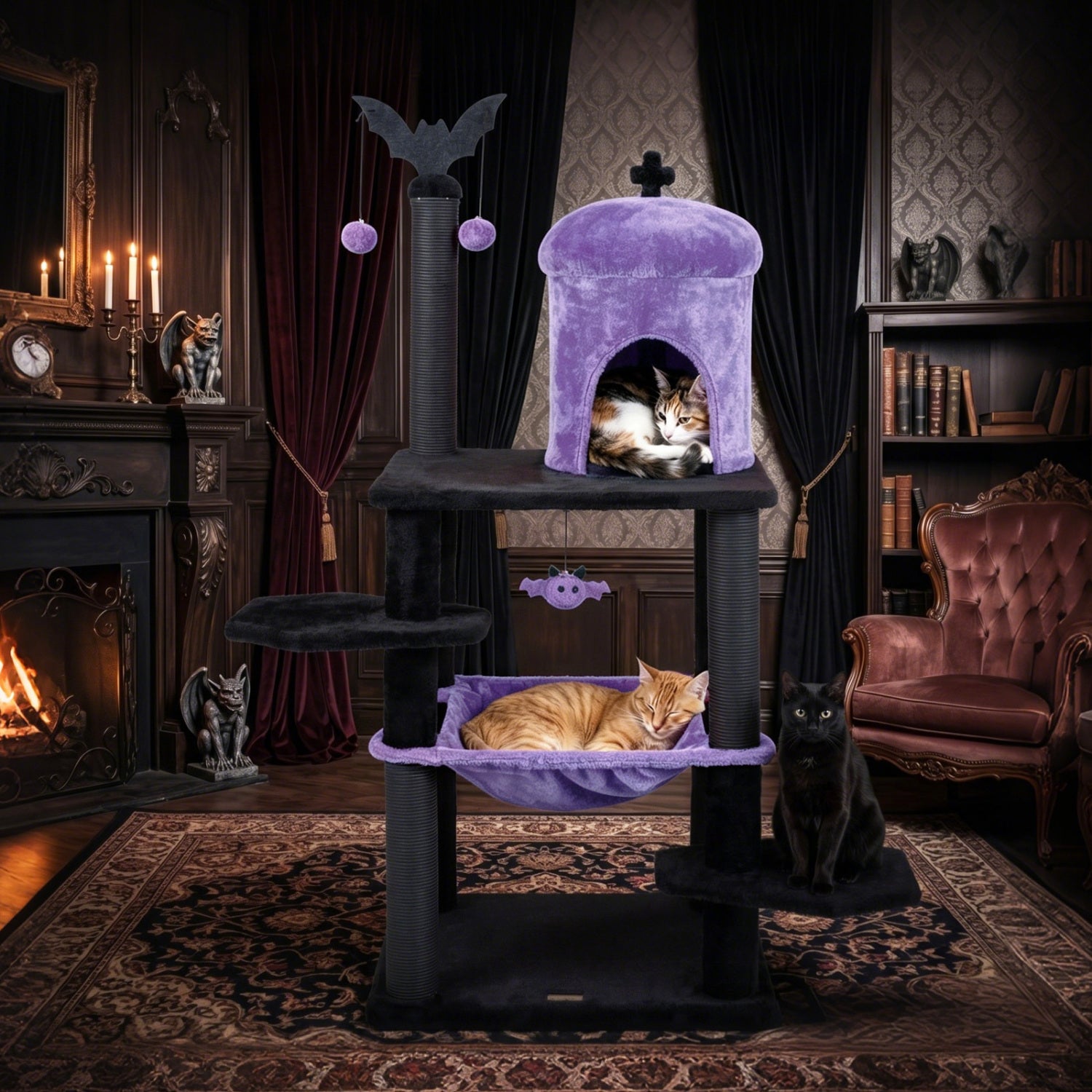 51" Gothic Multi-level Cat Tree with Spider Hanging Toy for Black Halloween - view 6