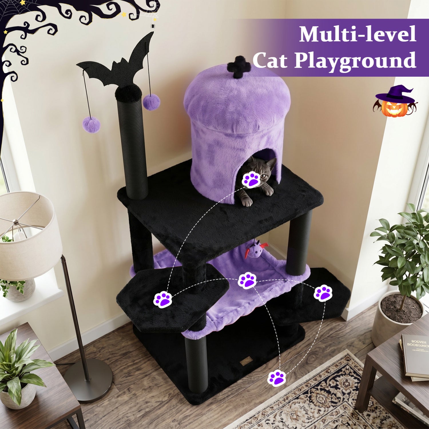 51" Gothic Multi-level Cat Tree with Spider Hanging Toy for Black Halloween - view 7