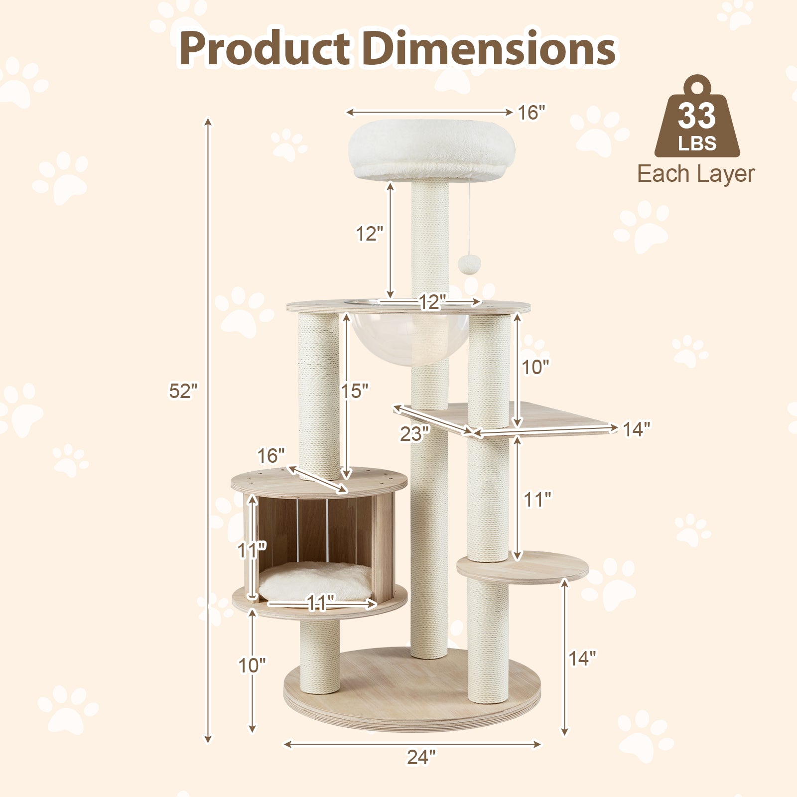 52 Inches Tall Wooden Cat Tree with Washable Plush Cushions and Multi-Level - view 5