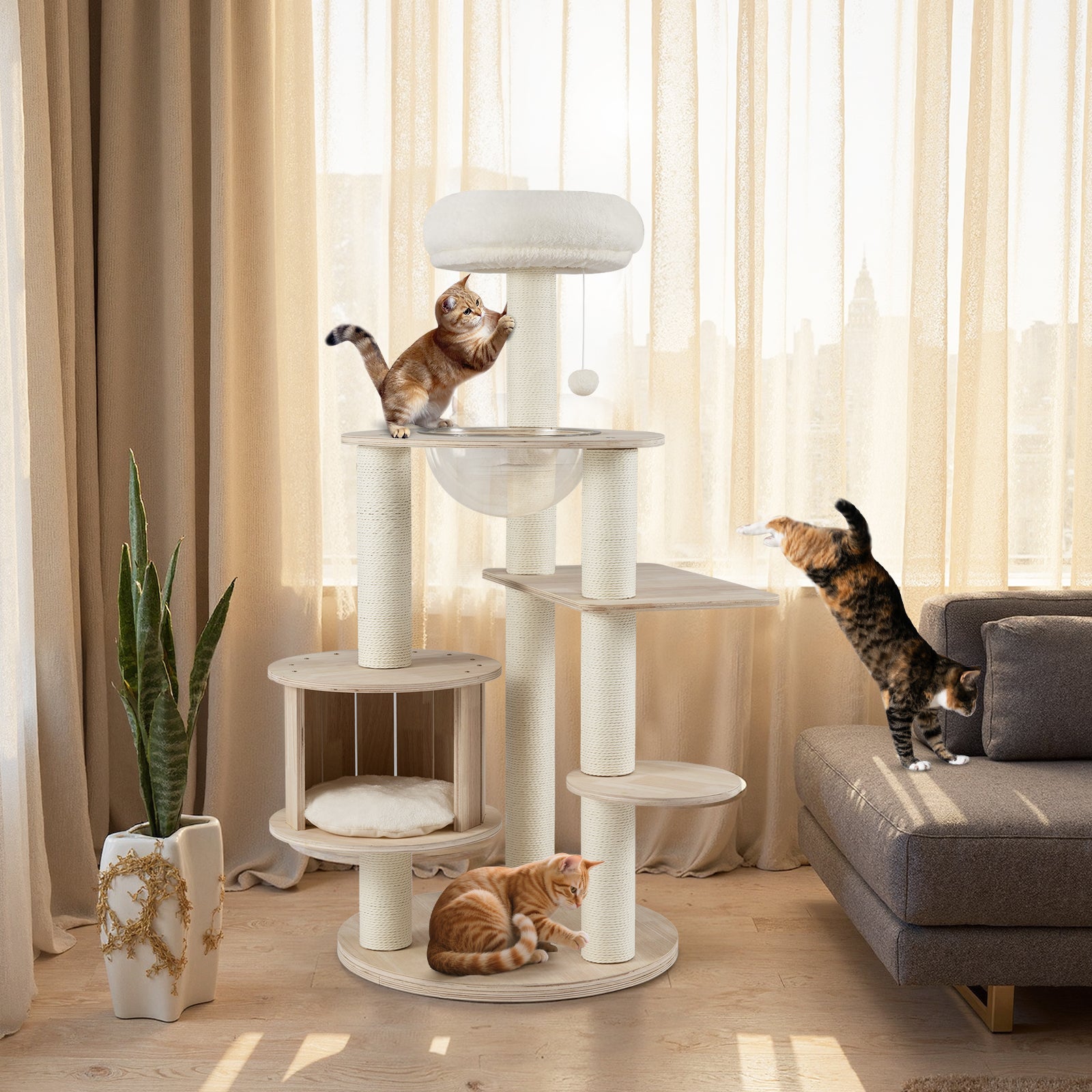 52 Inches Tall Wooden Cat Tree with Washable Plush Cushions and Multi-Level - view 6