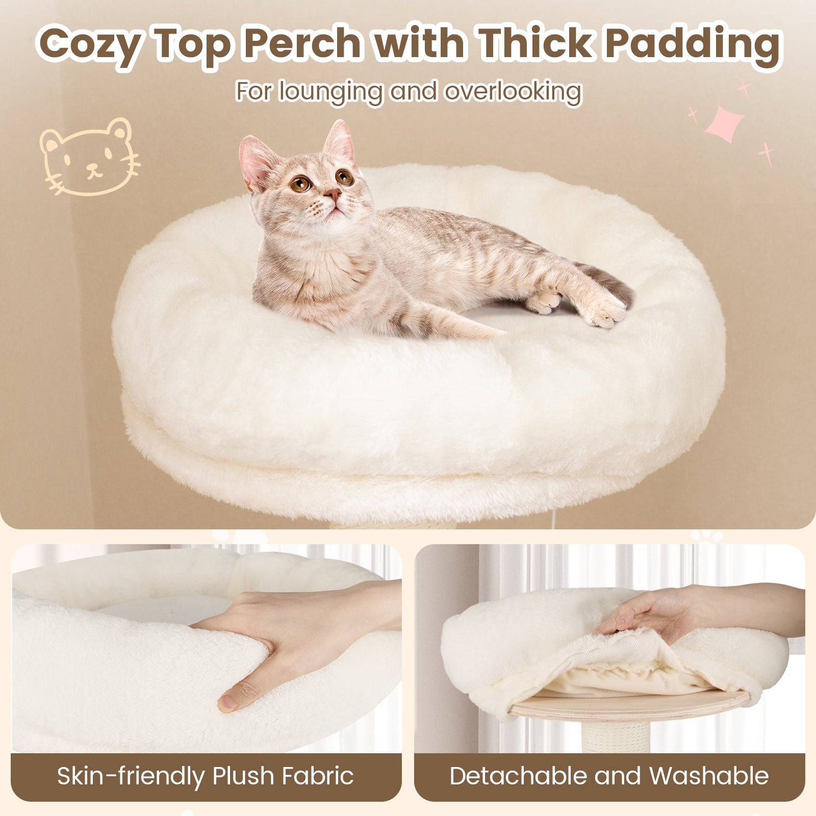 52 Inches Tall Wooden Cat Tree with Washable Plush Cushions and Multi-Level - view 7