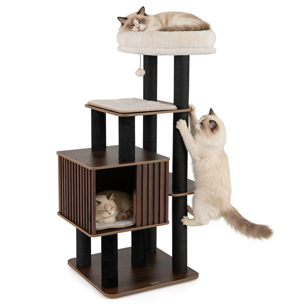53.5 inch Tall Cat Tree for Indoor Cat Wooden Cat Tower Top Perch with Soft