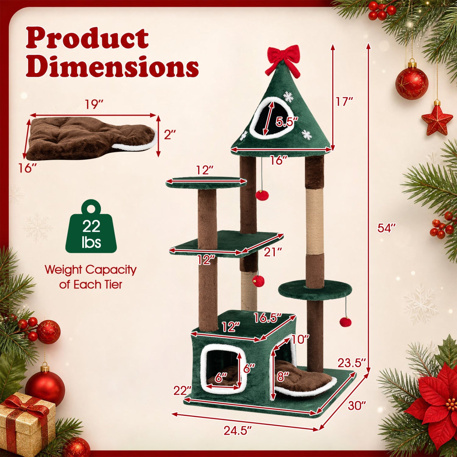 54"Christmas Cat Tree with 2 Condos and Removable Cushion - view 5
