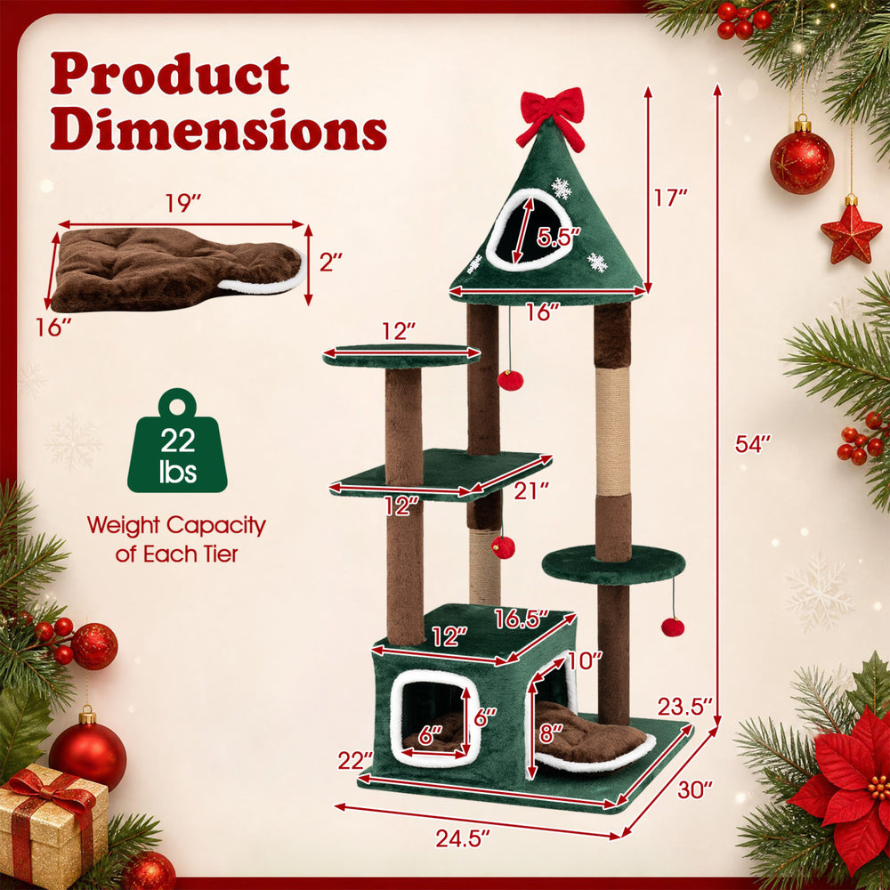 54"Christmas Cat Tree with 2 Condos and Removable Cushion - view 5