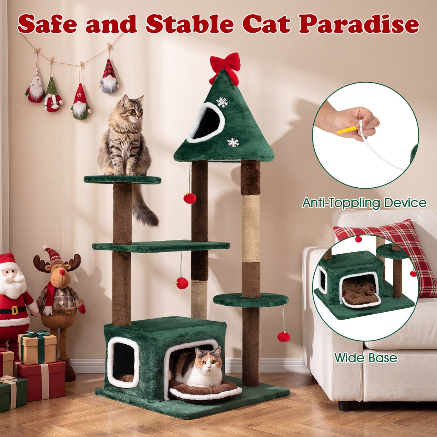 54"Christmas Cat Tree with 2 Condos and Removable Cushion - view 6