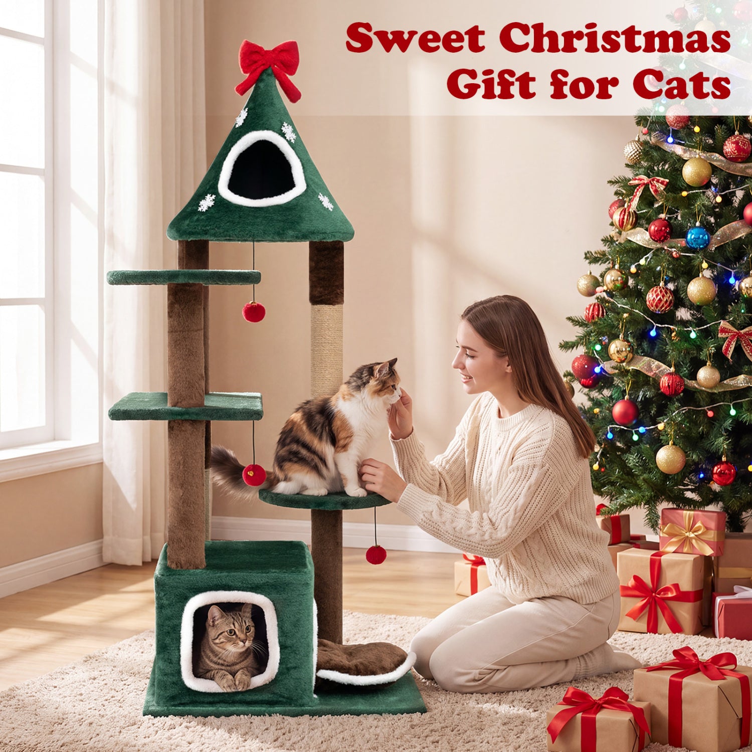 54"Christmas Cat Tree with 2 Condos and Removable Cushion - view 7