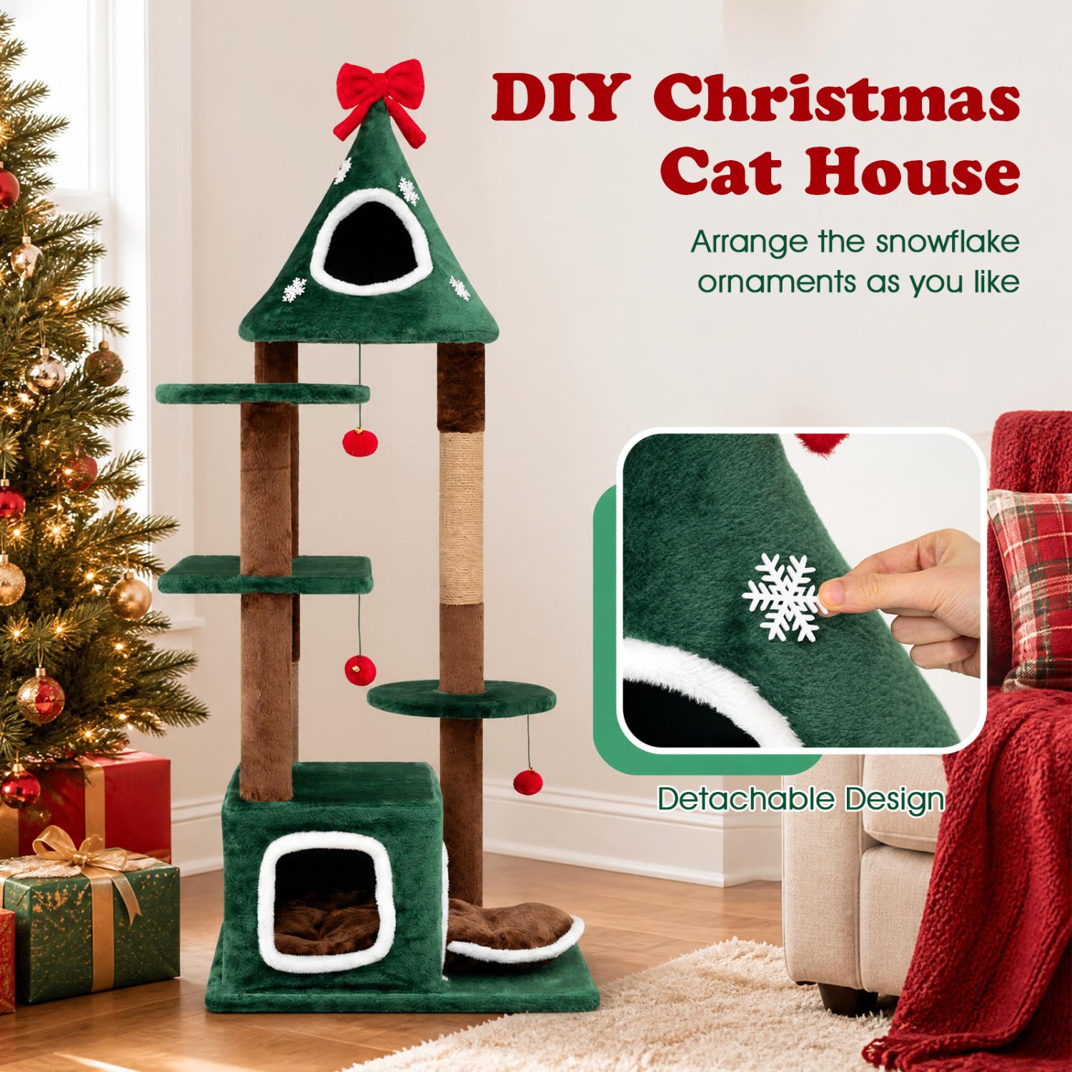 54"Christmas Cat Tree with 2 Condos and Removable Cushion - view 8