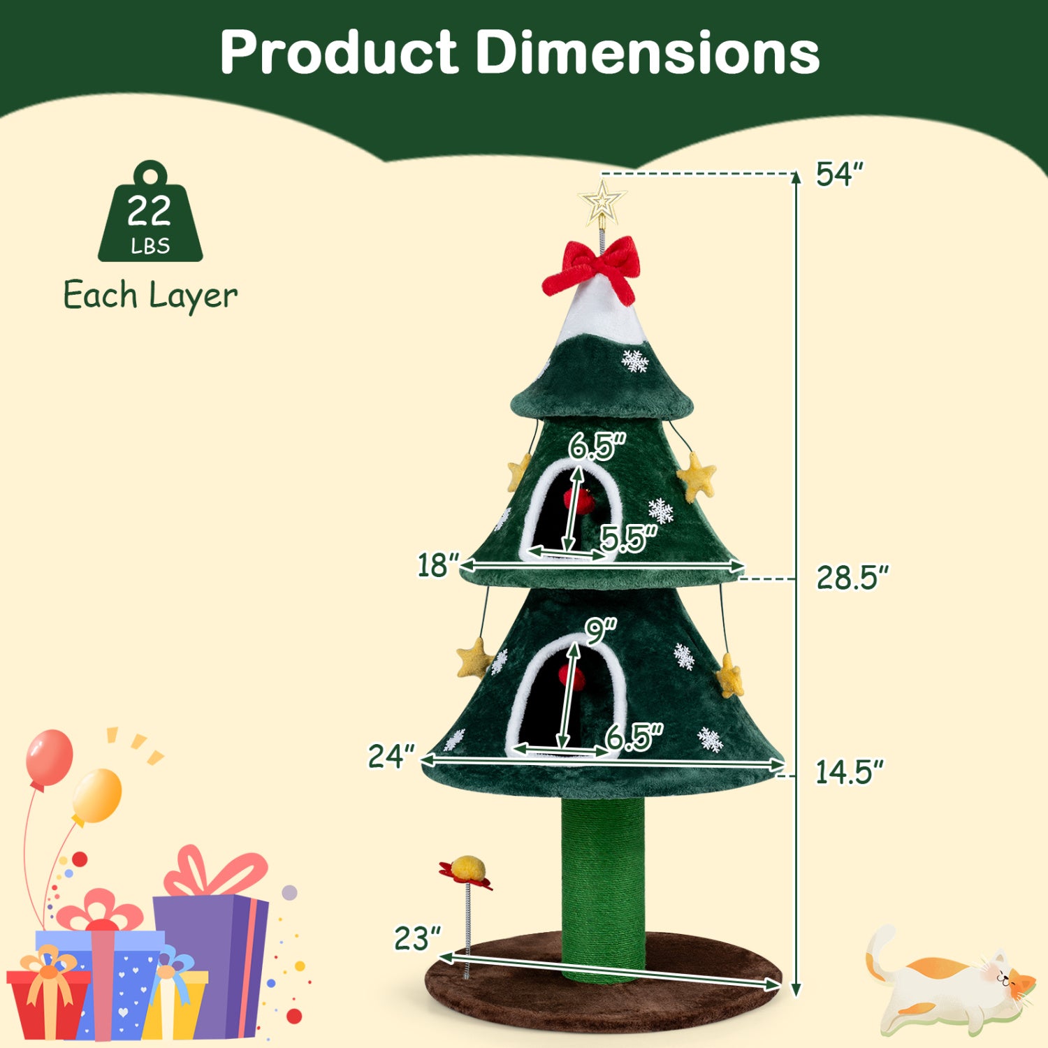 54 Inch Christmas Cat Tree with 2 Private Condos for Indoor Cats - view 5