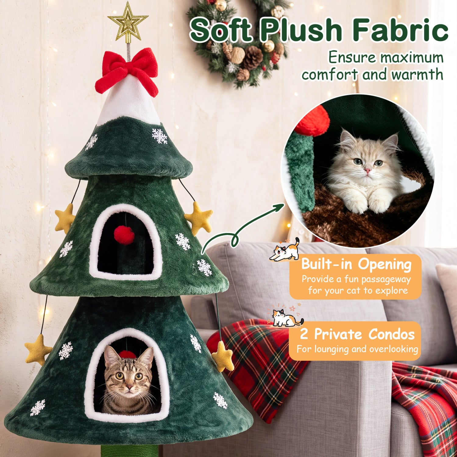 54 Inch Christmas Cat Tree with 2 Private Condos for Indoor Cats - view 8