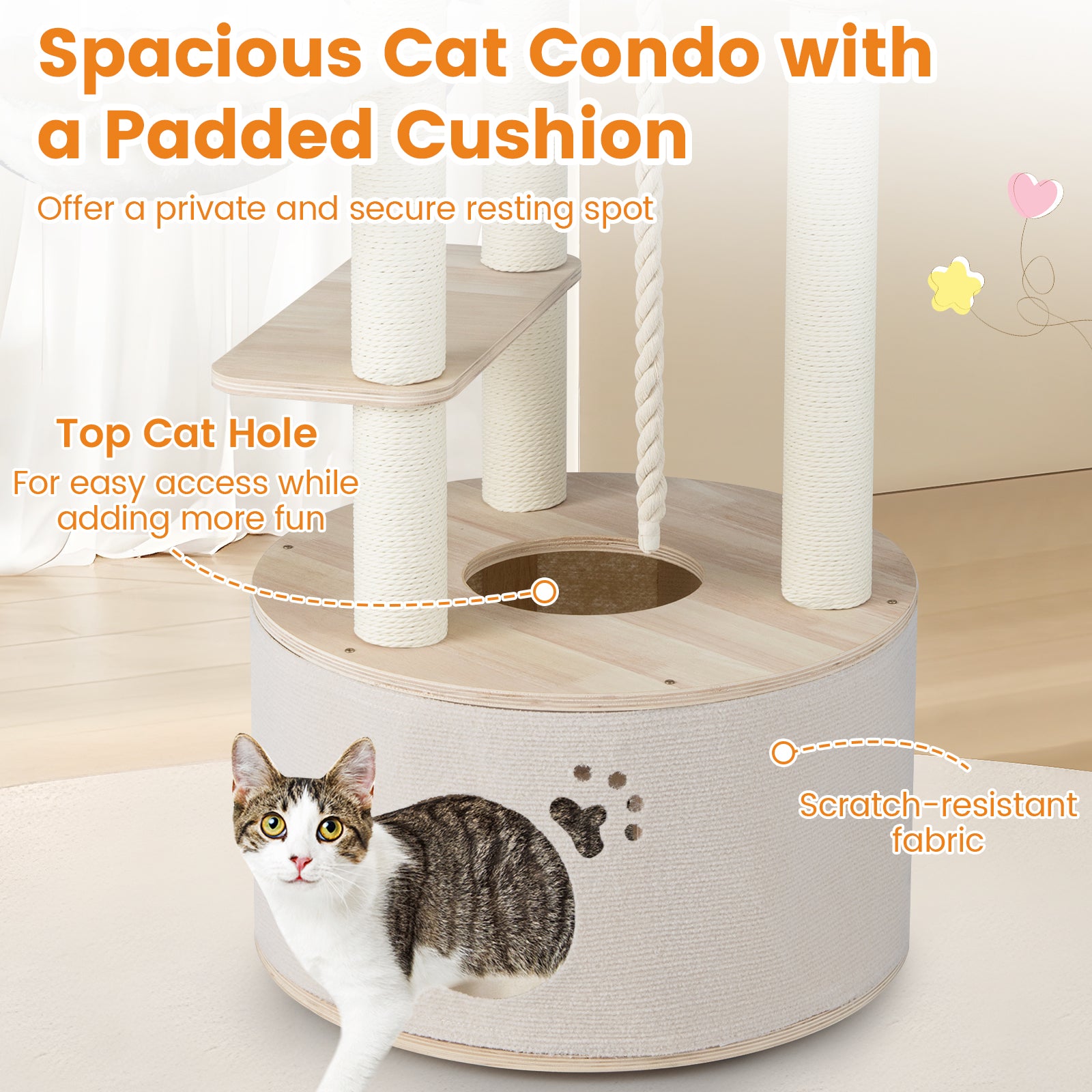 55.5 Inches Tall Wooden Cat Tree with Washable Plush Cushions for Indoor Cats - view 6