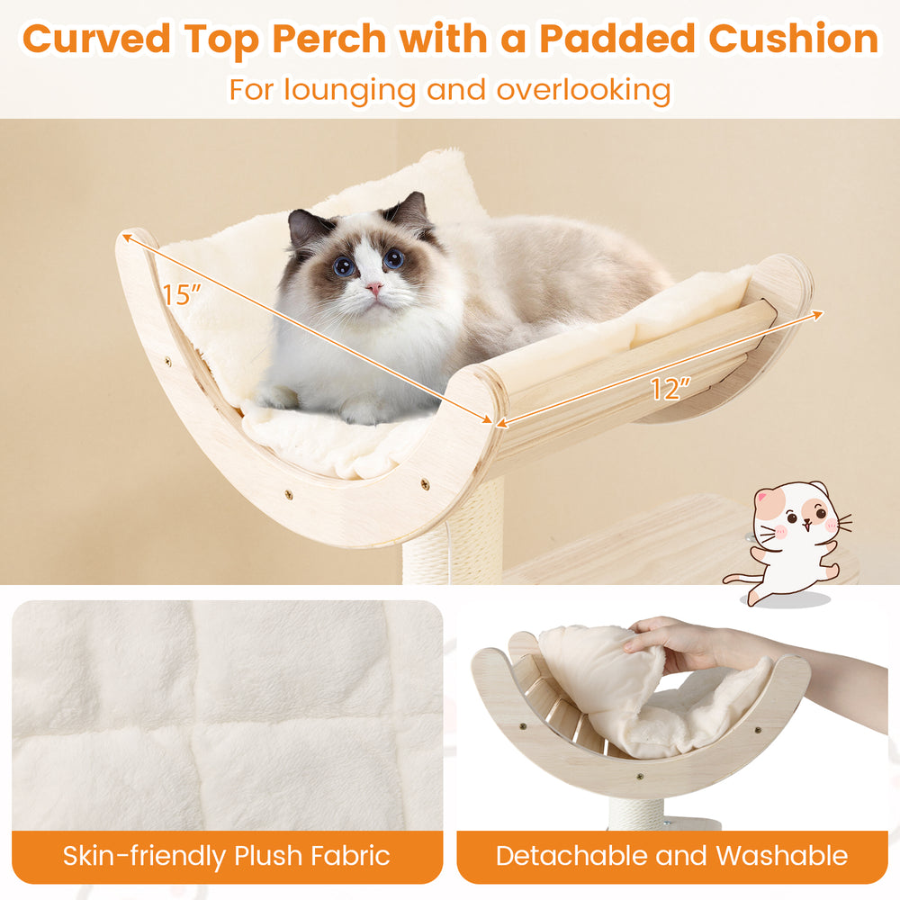 55.5 Inches Tall Wooden Cat Tree with Washable Plush Cushions for Indoor Cats - view 7