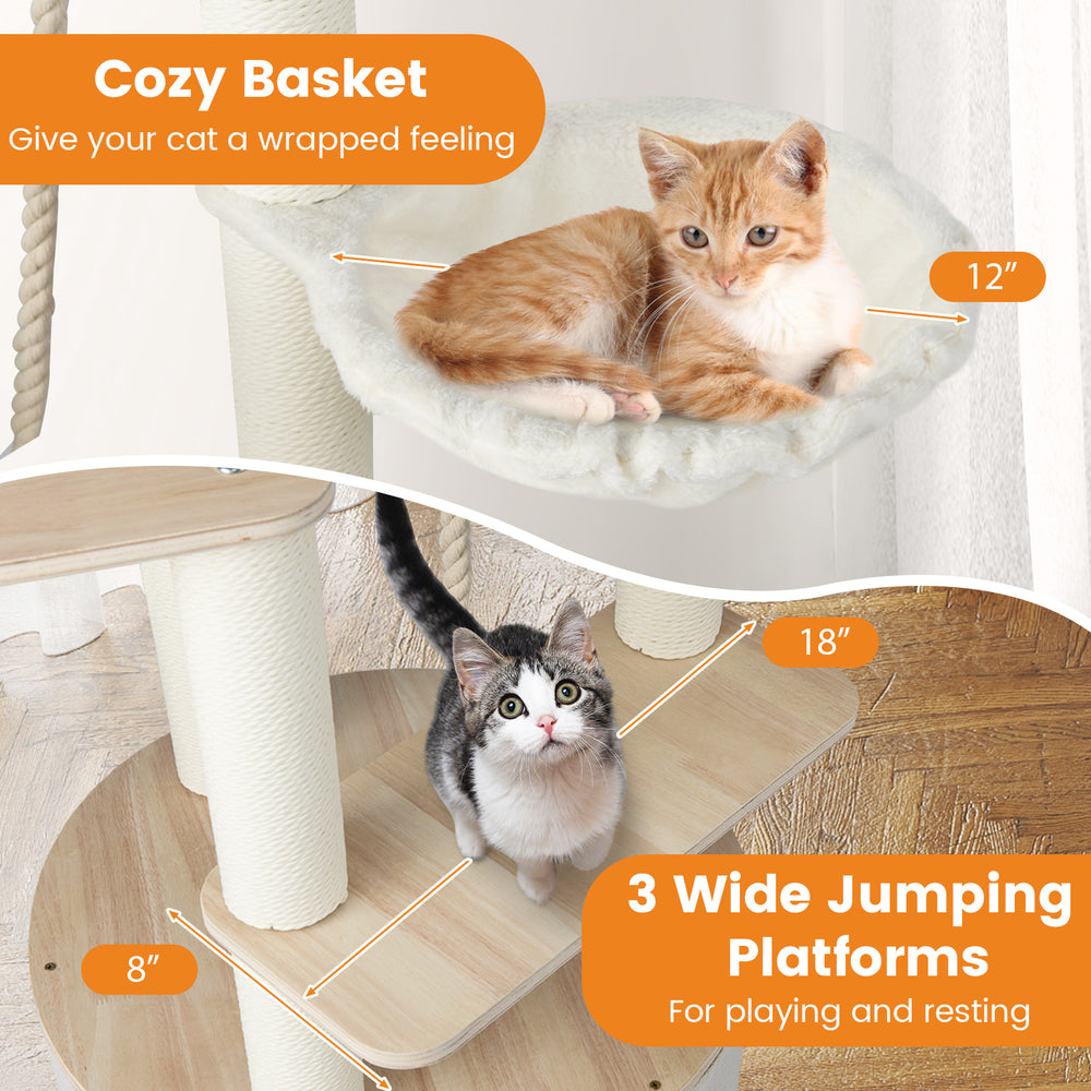 55.5 Inches Tall Wooden Cat Tree with Washable Plush Cushions for Indoor Cats - view 8
